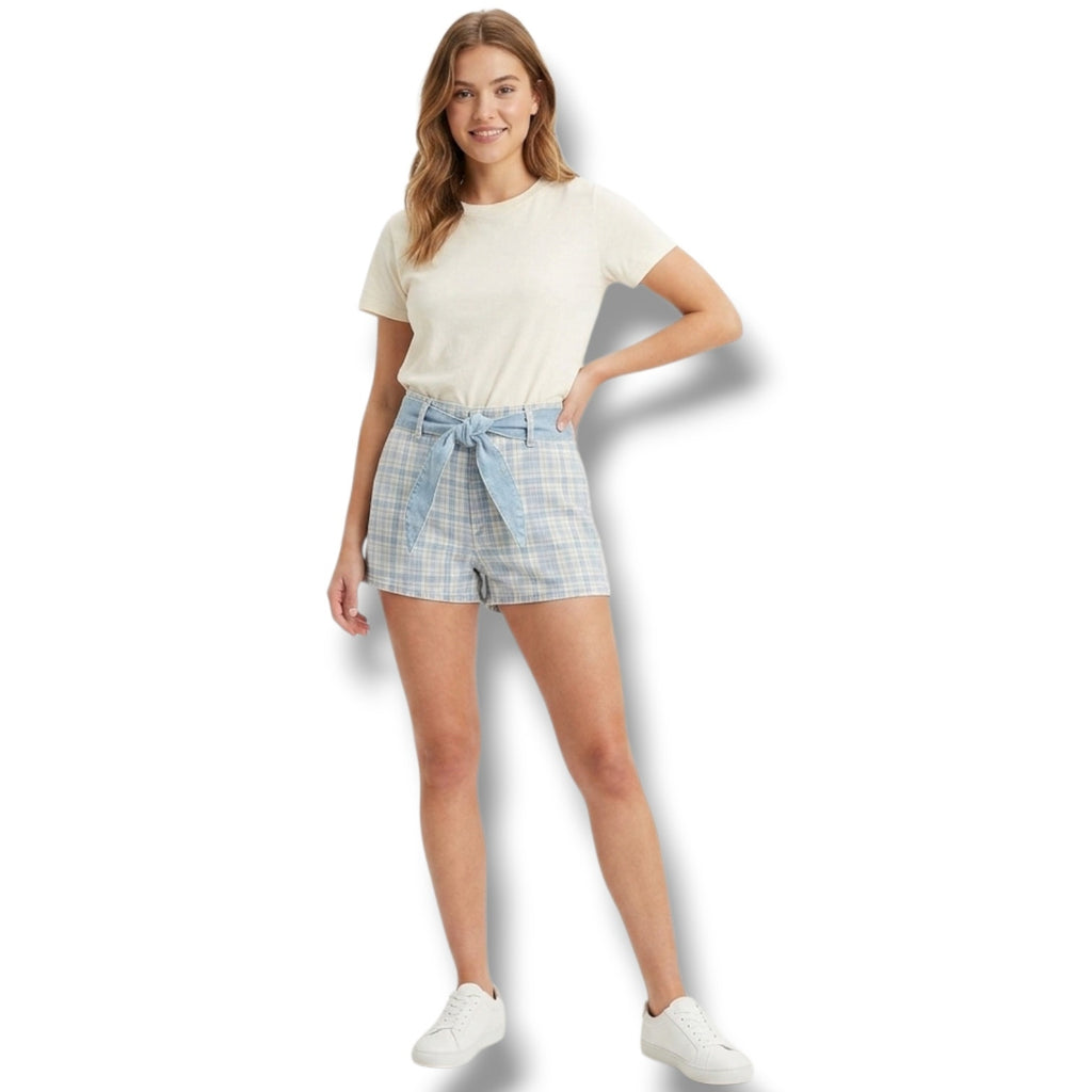BDG Urban Outfitters Women’s Blue Plaid High-Rise Shorts with Tie Belt – Size 2