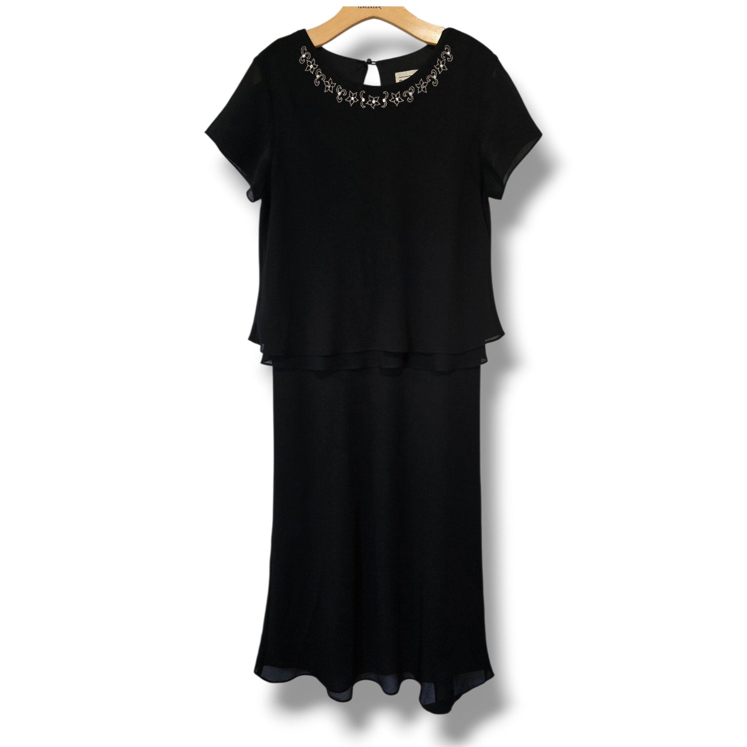 Dani Max Vintage Black Chiffon Tiered Dress 14 Beaded Neck Midi Evening