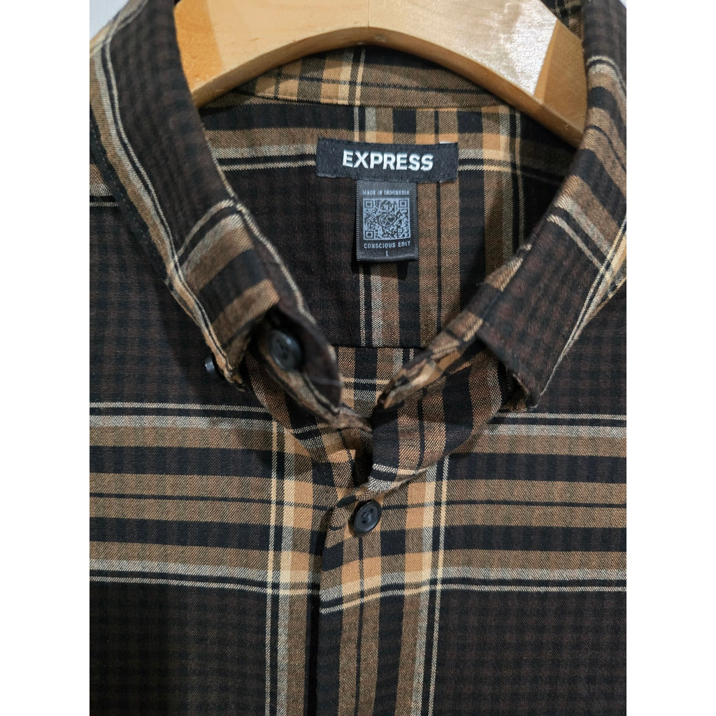 Express Men’s Brown & Black Plaid Button-Down Shirt – Size Large