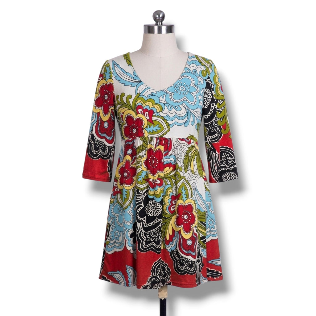 R&B Collection Women's Retro Psychedelic Floral Paisley 3/4 Sleeve Mini Dress