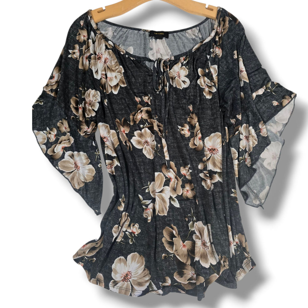 EXPRESSO Floral Flutter Sleeve Lace-Up Blouse XL – Black Beige Stretchy Top