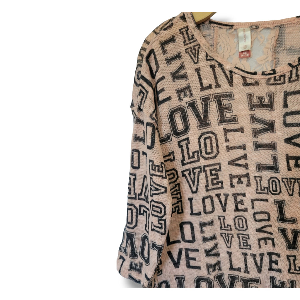 No Boundaries Juniors Pink LOVE Print Pullover Sweater – Lace Back, Size Large