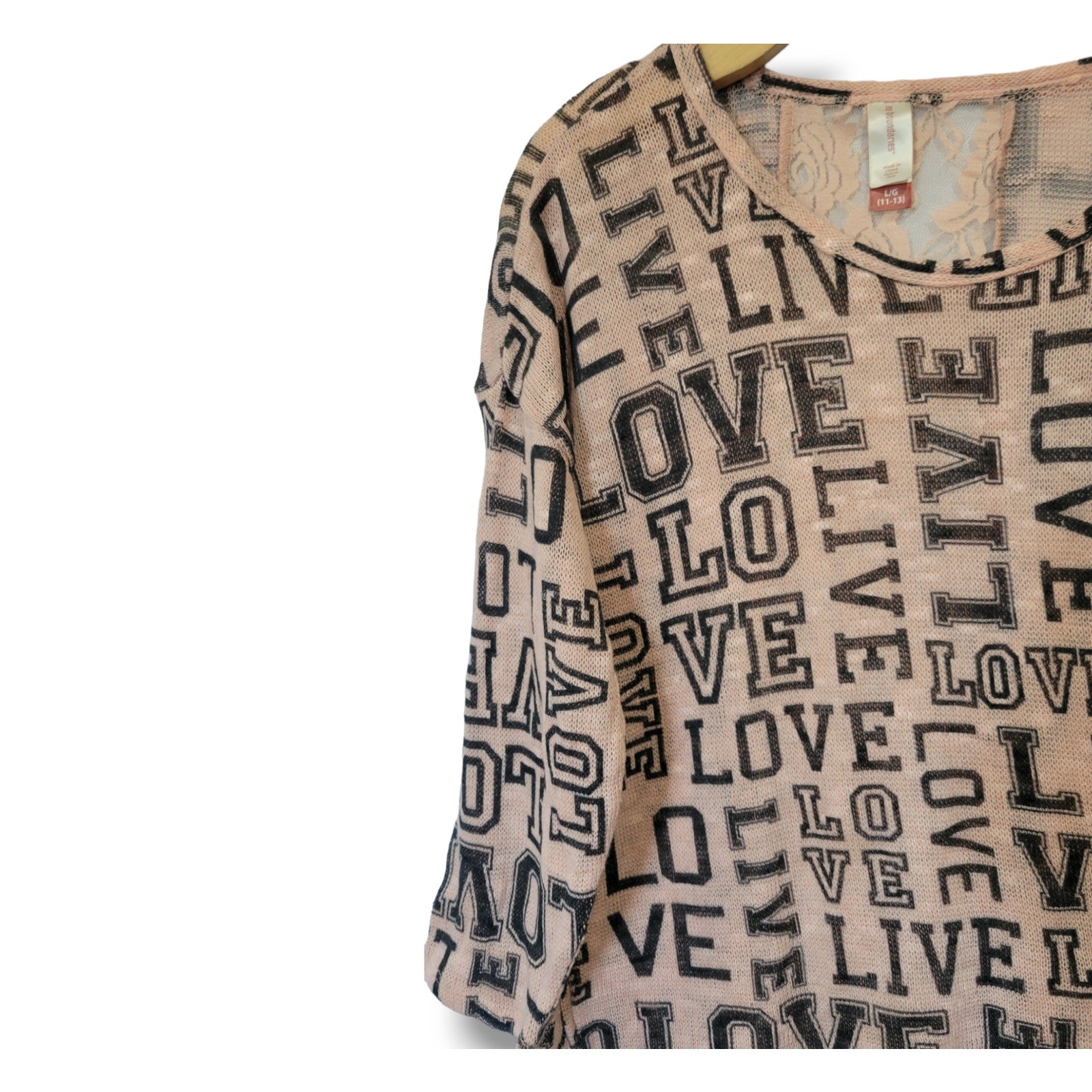 No Boundaries Juniors Pink LOVE Print Pullover Sweater – Lace Back, Size Large
