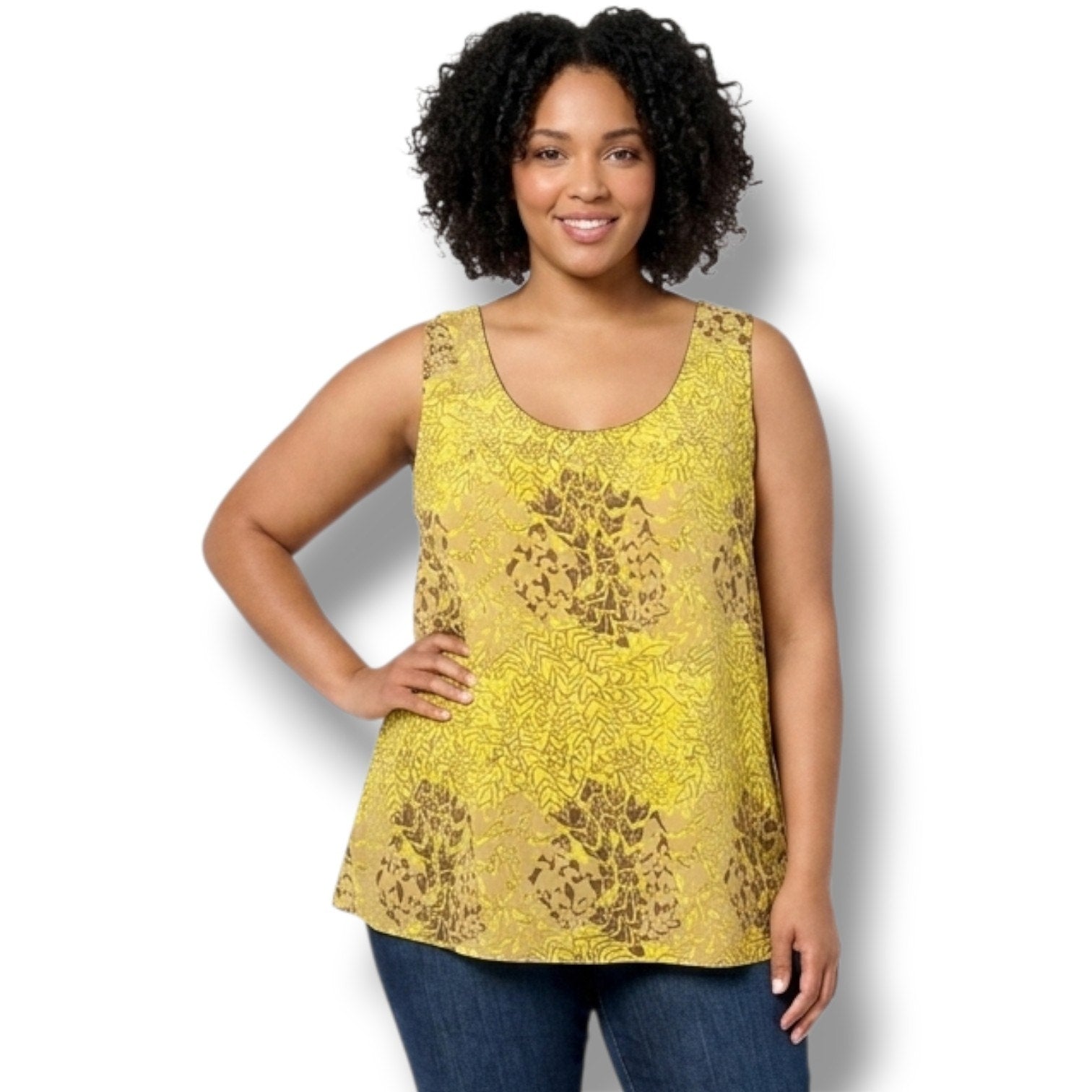 Beverly Drive Women’s Plus Size Yellow & Brown Sleeveless Tank Blouse- 24w/26w