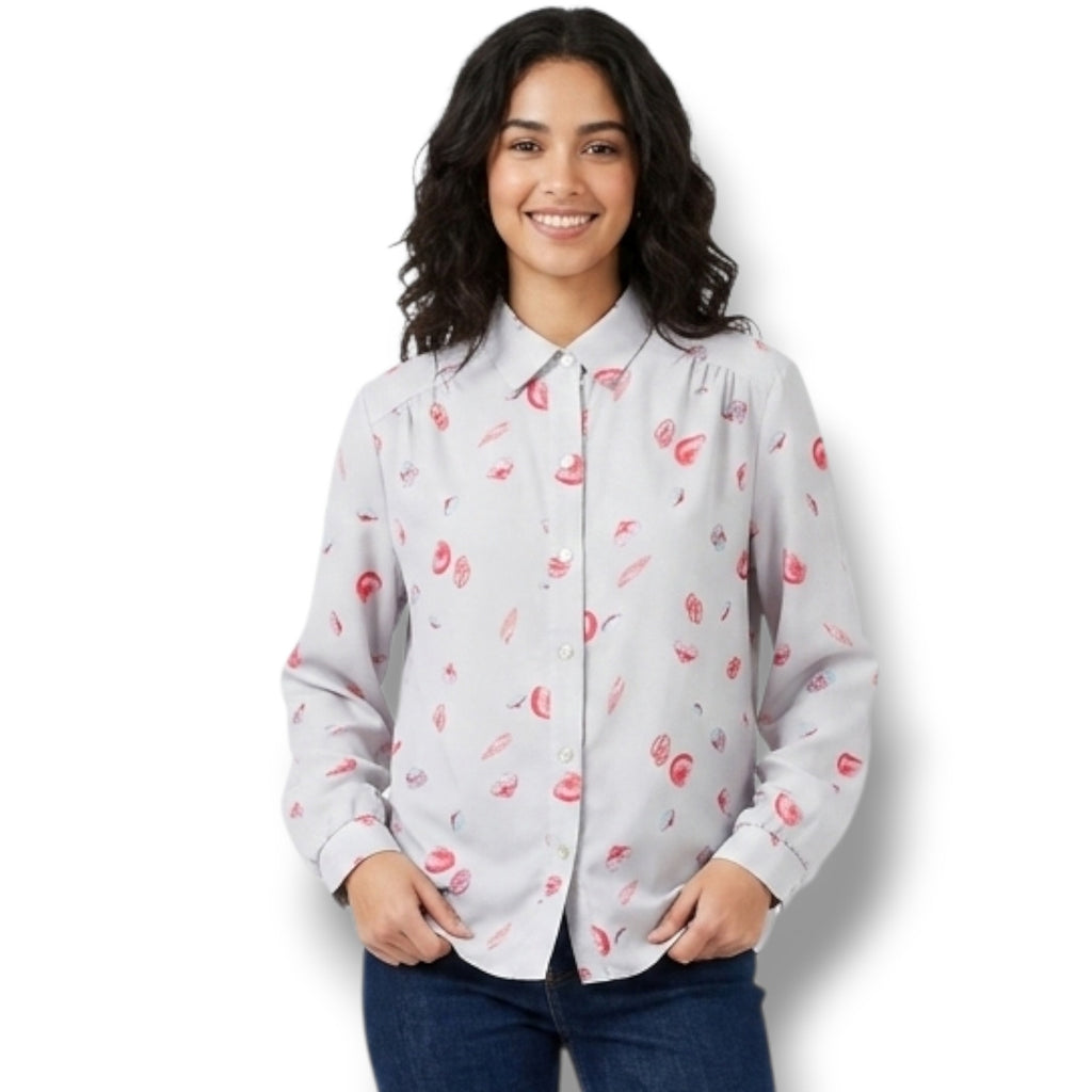 Cadisport Women's Vintage White Pink Nautical Seashell Button Down Shirt