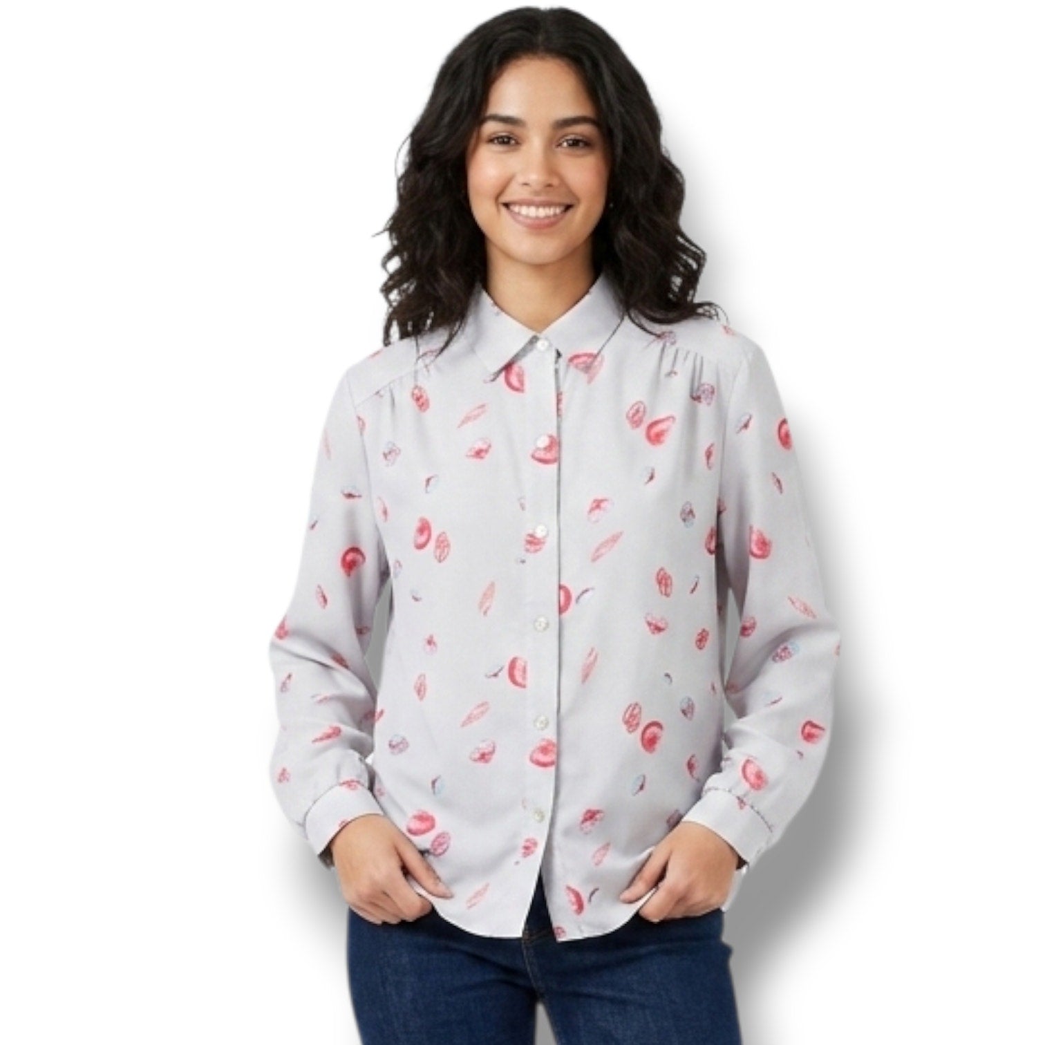 Cadisport Women's Vintage White Pink Nautical Seashell Button Down Shirt
