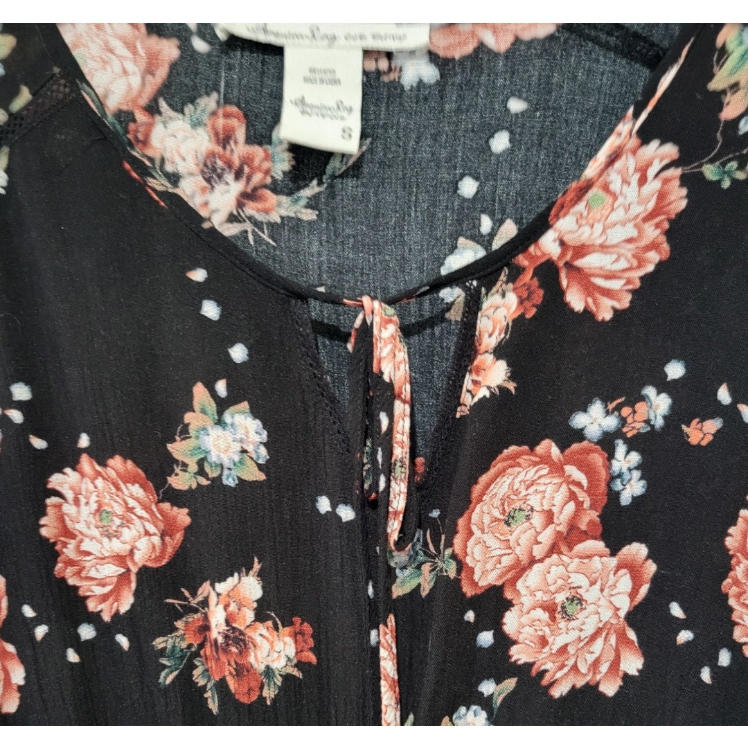 American Rag Cie Juniors Black Floral Lace-Up Bell Sleeve Dress – Size Small