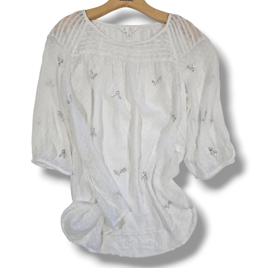LC Lauren Conrad Women’s White Eyelet Embroidered Peasant Blouse Size Medium