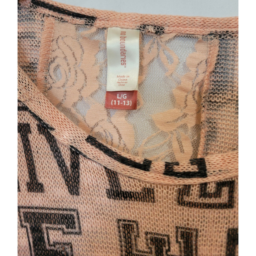 No Boundaries Juniors Pink LOVE Print Pullover Sweater – Lace Back, Size Large