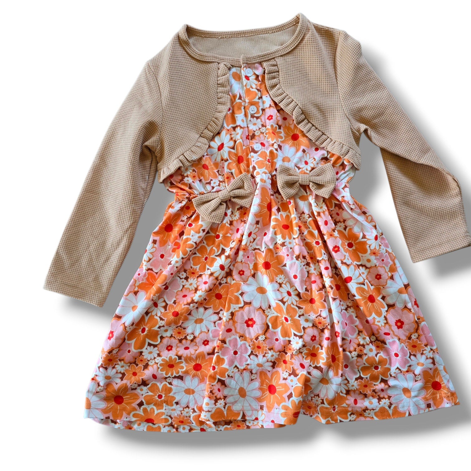 Vintage Style Floral Girls Dress with Bolero Cardigan Size 120 (6-7) Orange