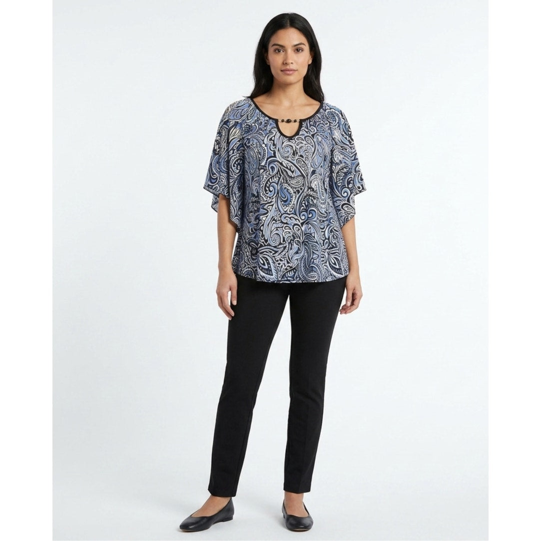 Notations Women’s Blue Black Paisley Print Blouse Medium Beaded Keyhole Top