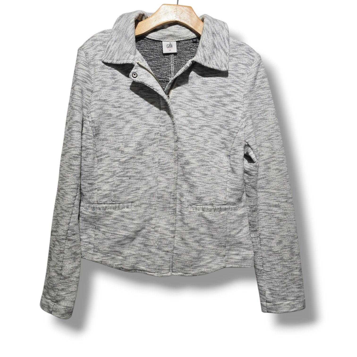 Cabi Women's Size S Light Grey Black Space Dye Asymmetric Zip Knit Jacket
