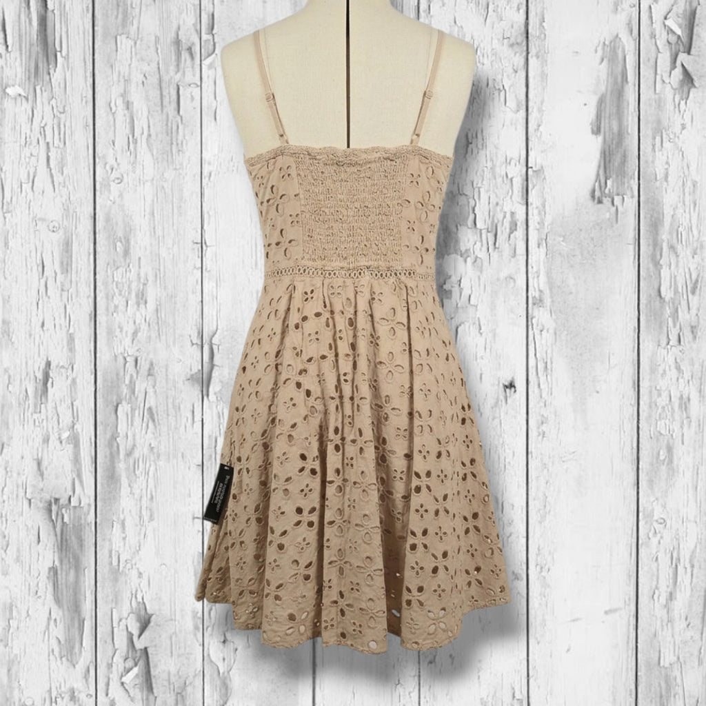 Venus Women's Size 12 Tan Beige Embroidered Cotton Eyelet A-Line Sundress NWT