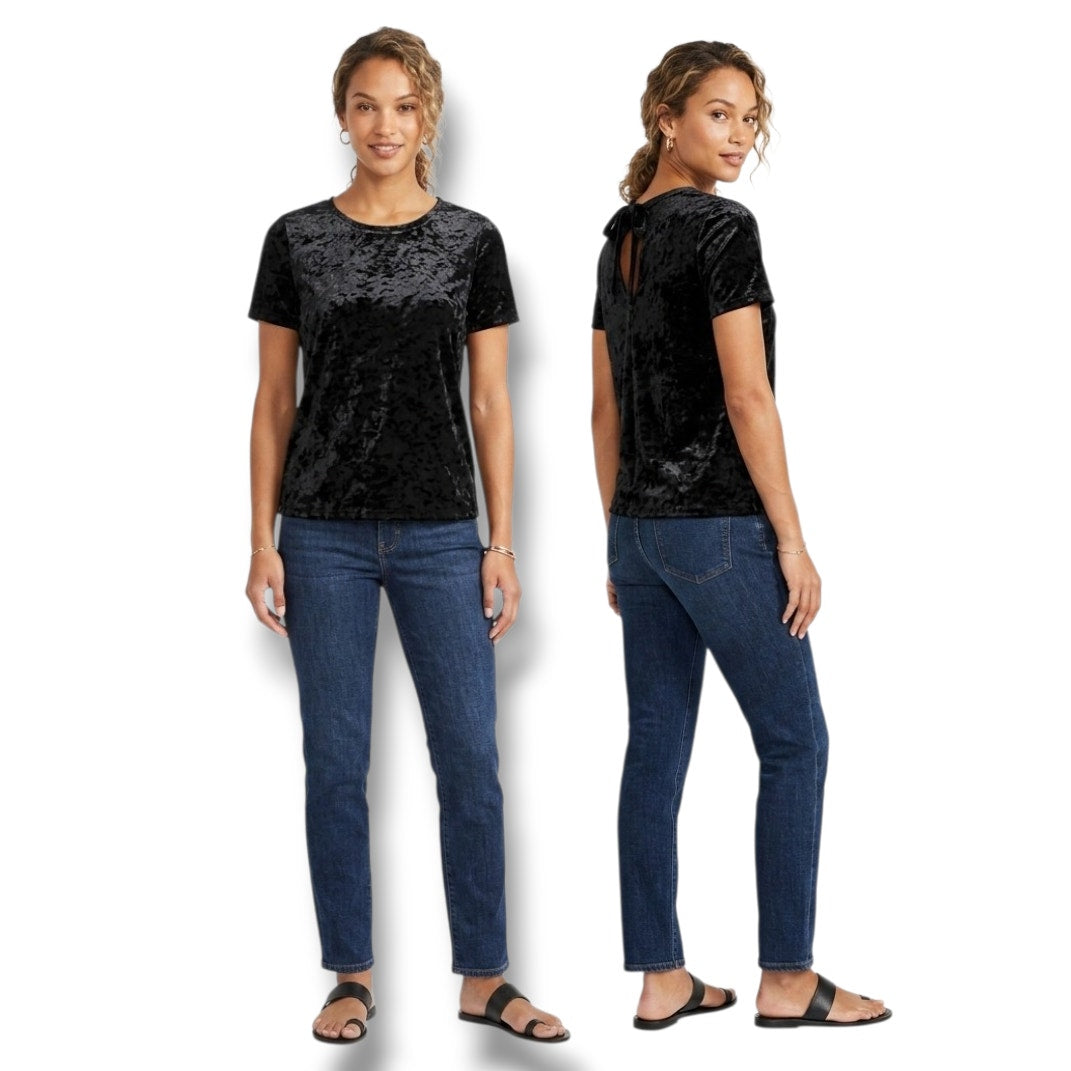 14th & Union Women’s Midnight Blue Velour Short Sleeve Tie-Back Blouse Sz Small