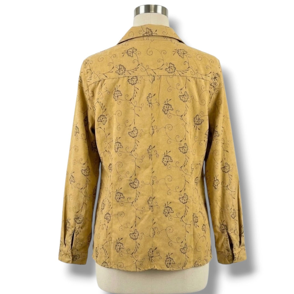 Sag Harbor Mustard Yellow Floral Embroidered Faux Suede Button Down top Large