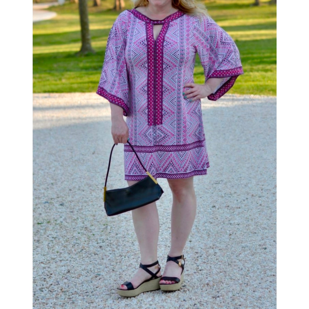 MICHAEL Michael Kors Women's Size 2X Pink Black Geometric Keyhole Tunic Dress