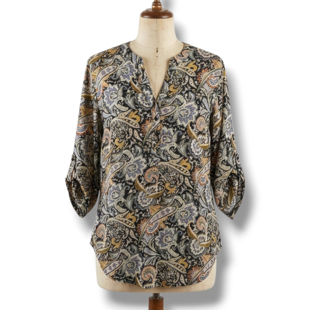 Antilia Femme women's Paisley Split-Neck Roll-Tab Blouse xl