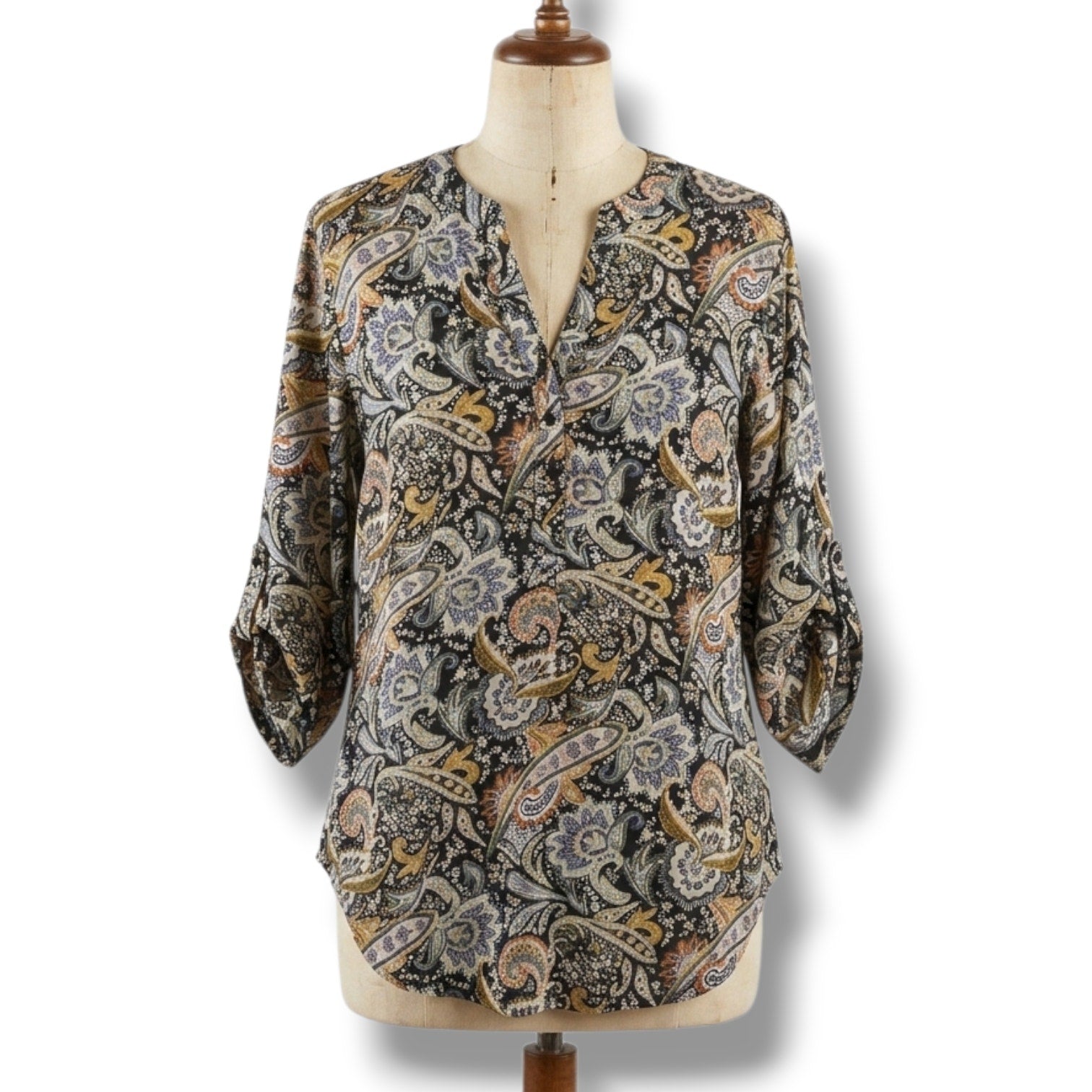 Antilia Femme women's Paisley Split-Neck Roll-Tab Blouse xl