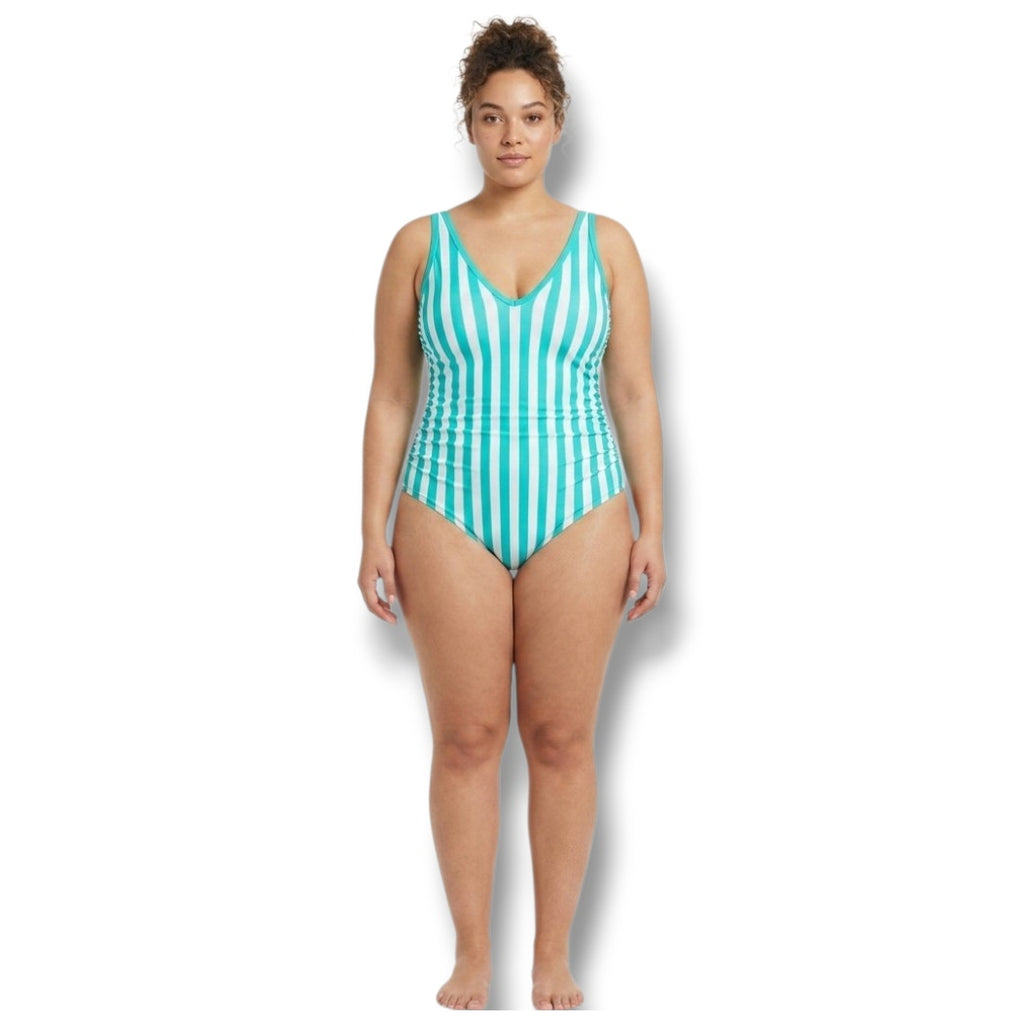 Kona Sol Women’s Teal & White Striped V-Neck One-Piece Swimsuit New