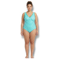 Kona Sol Women’s Teal & White Striped V-Neck One-Piece Swimsuit New
