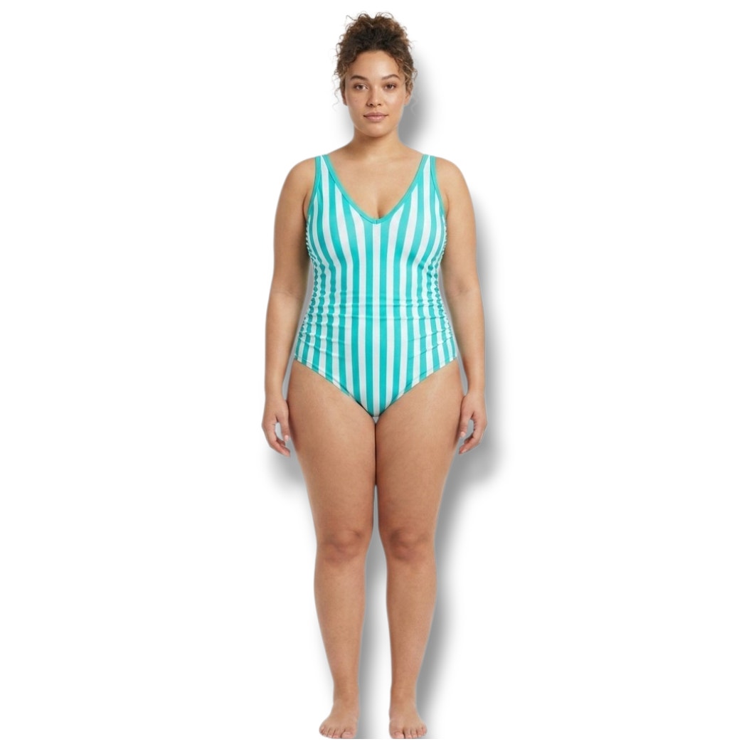 Kona Sol Women’s Teal & White Striped V-Neck One-Piece Swimsuit New