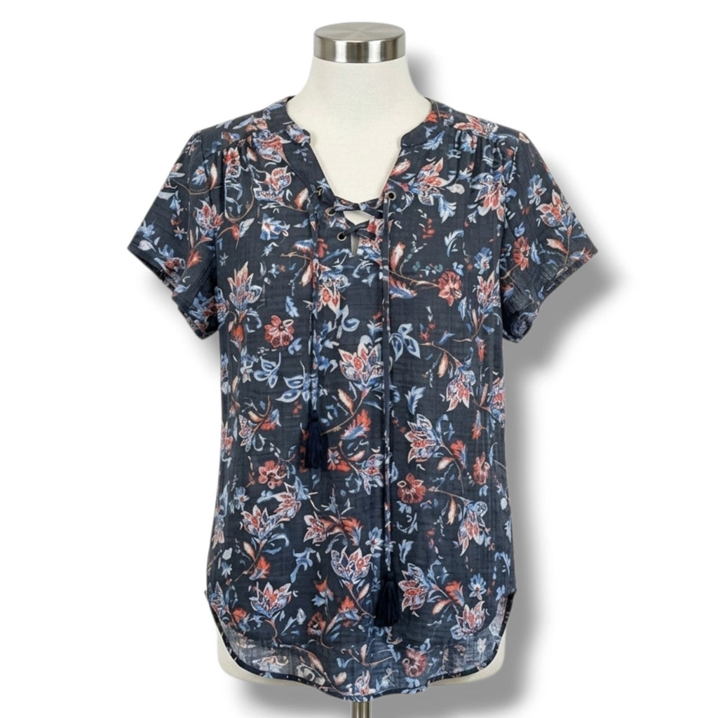 St. John’s Bay Petite Medium Floral Lace-Up Tassel Blouse Navy Rayon Blend