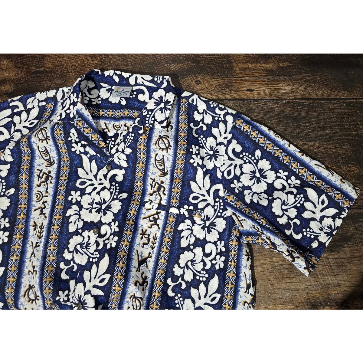 Vintage Royal Creations Hawaii Hawaiian Shirt Men XL Blue Floral Tribal Made USA