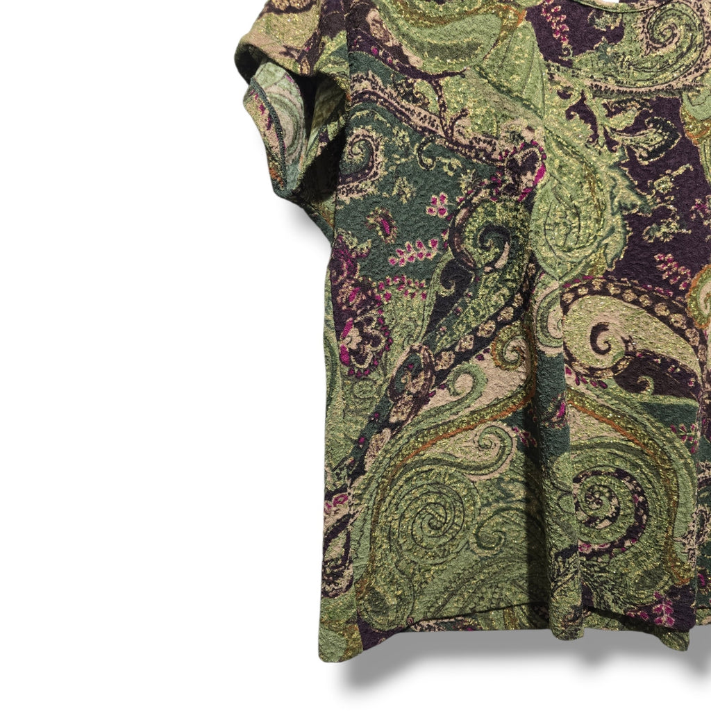 Koret Women's Large Green Purple Paisley Metallic Shimmer Short Sleeve Top