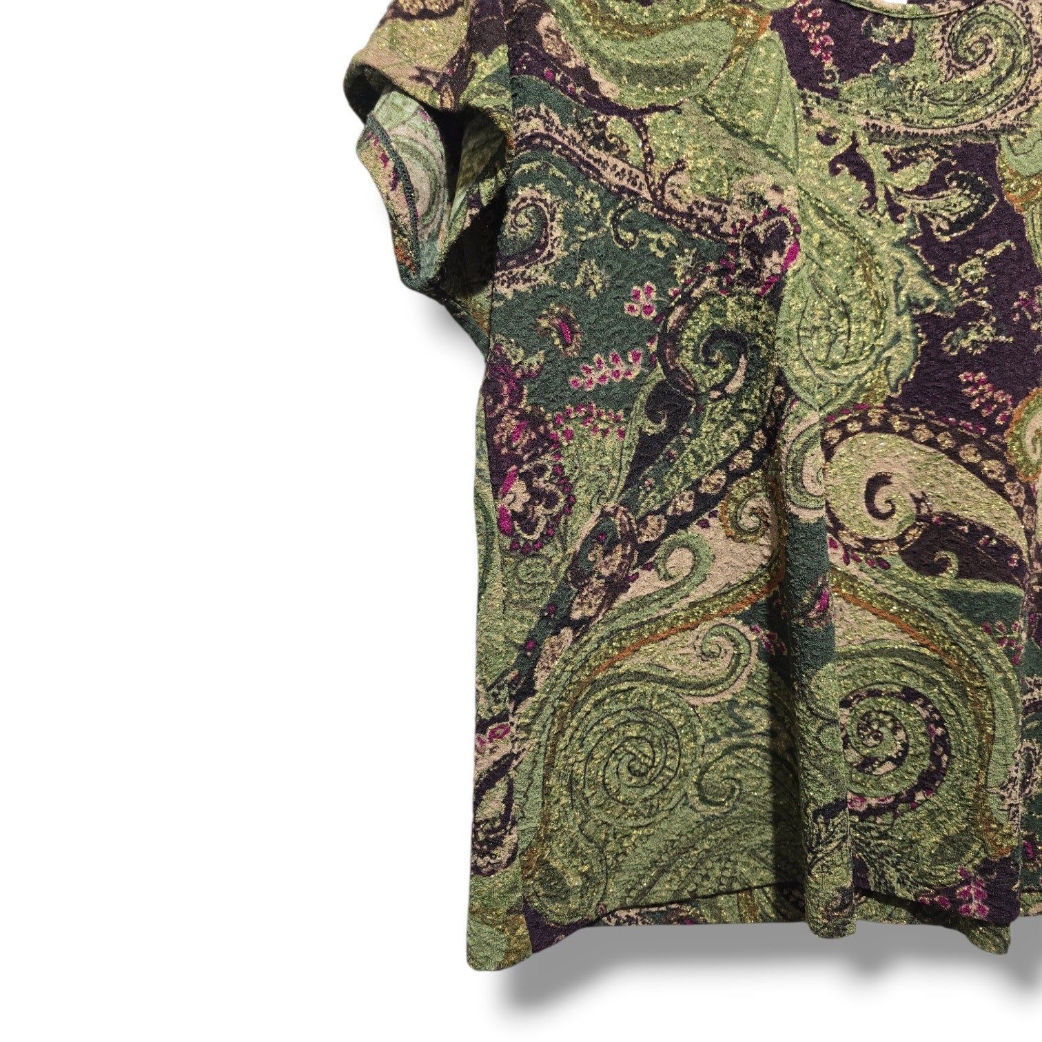 Koret Women's Large Green Purple Paisley Metallic Shimmer Short Sleeve Top