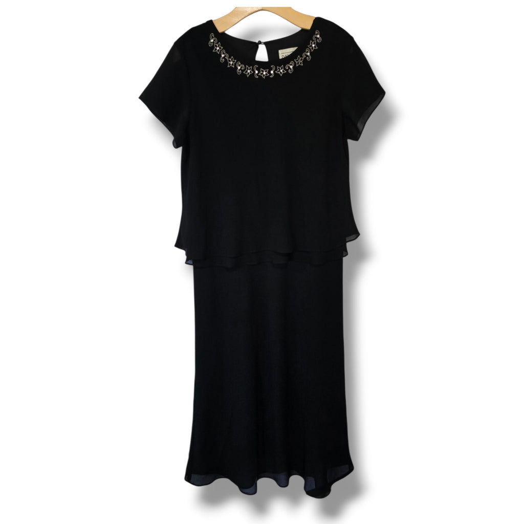Dani Max Vintage Black Chiffon Tiered Dress 14 Beaded Neck Midi Evening