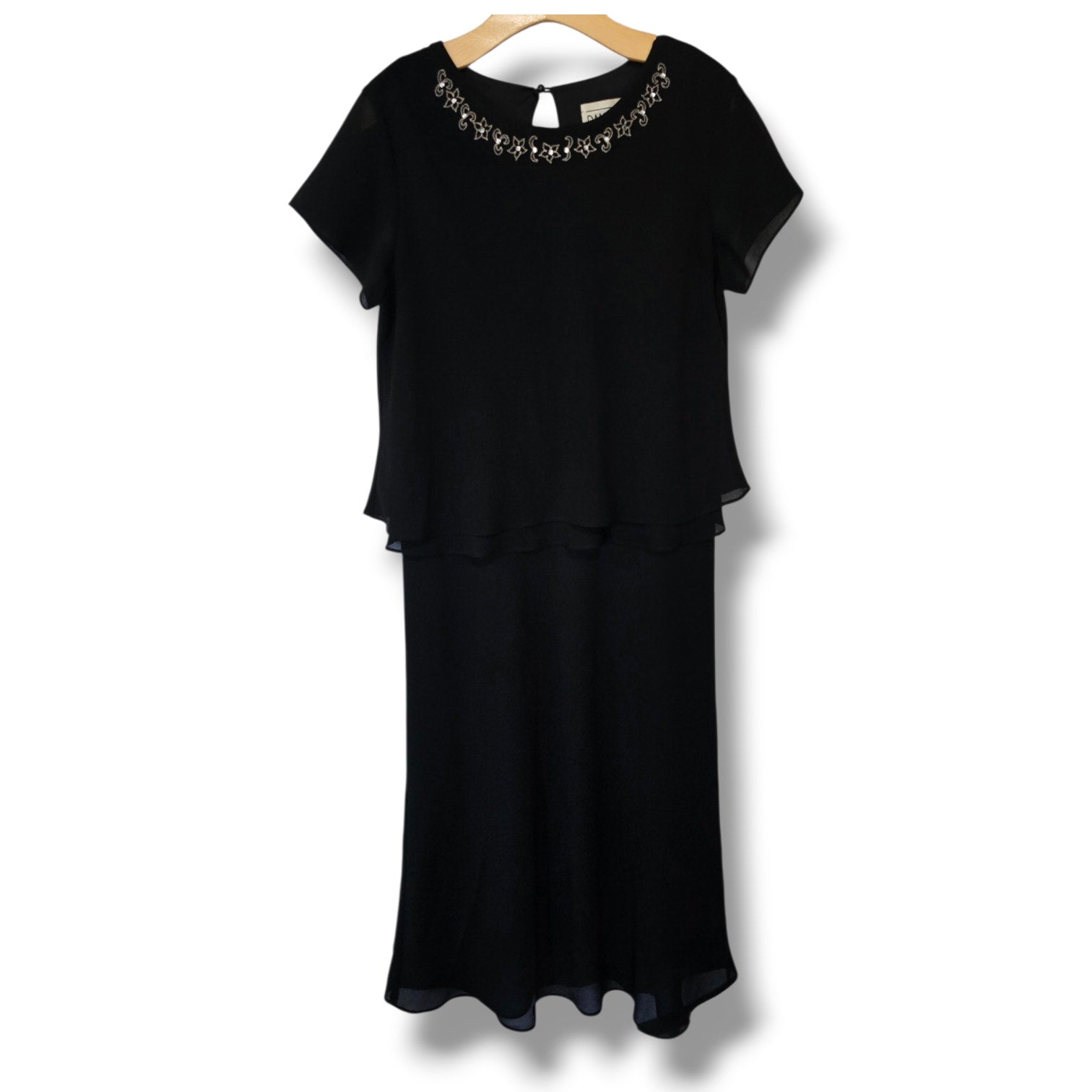 Dani Max Vintage Black Chiffon Tiered Dress 14 Beaded Neck Midi Evening