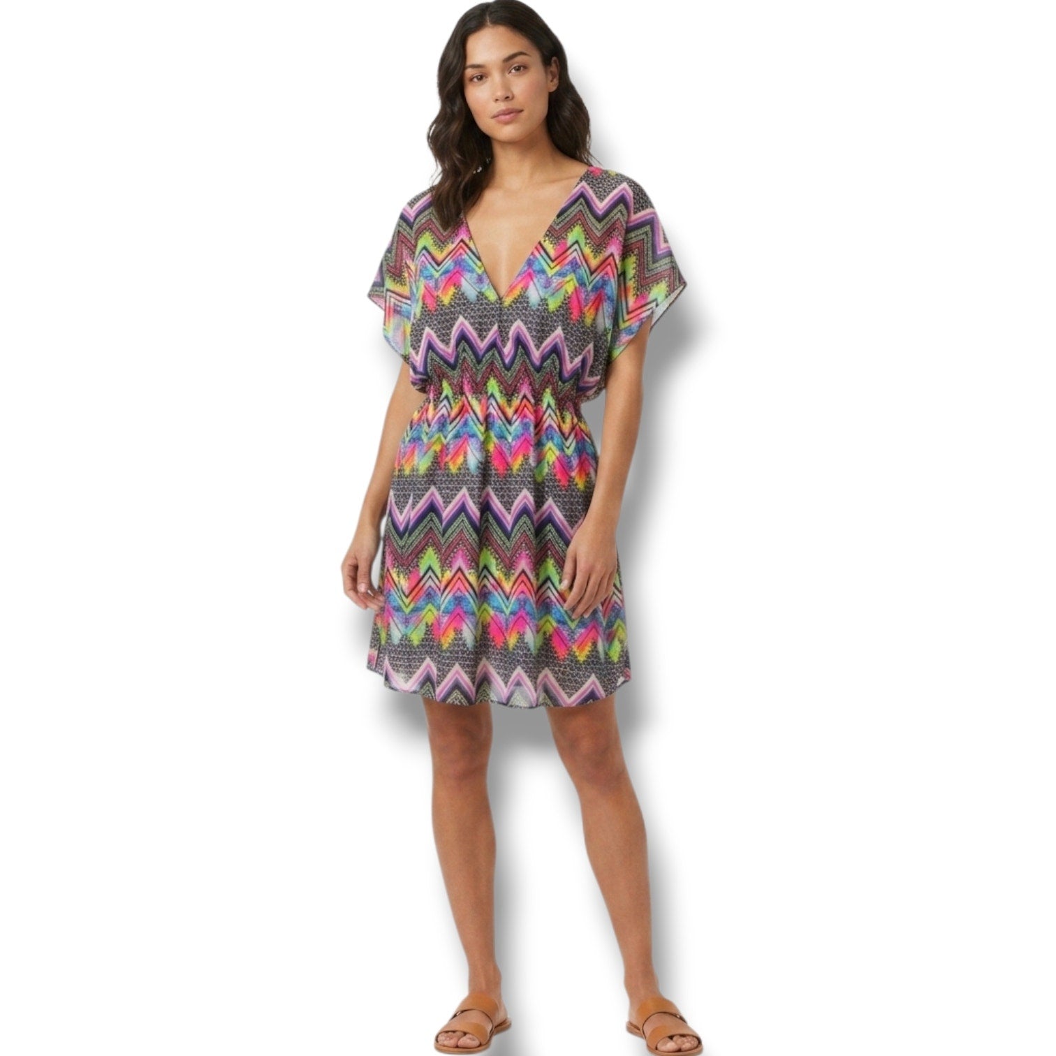 Miken Swim Women’s Multicolor Chevron Deep V-Neck Sleeveless Cover-Up – Size XS