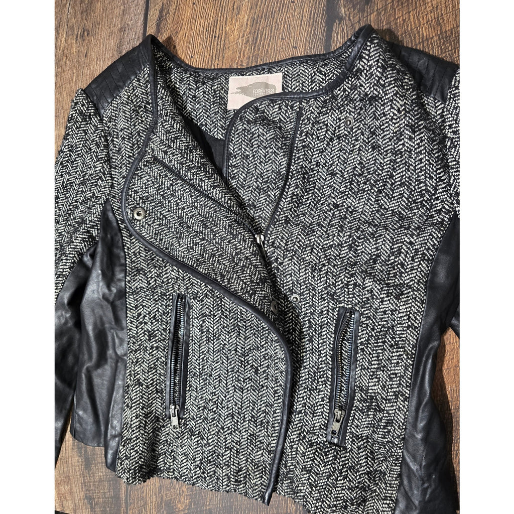 Forever 21 Contemporary women's Herringbone Faux Leather Trim Moto Jacket