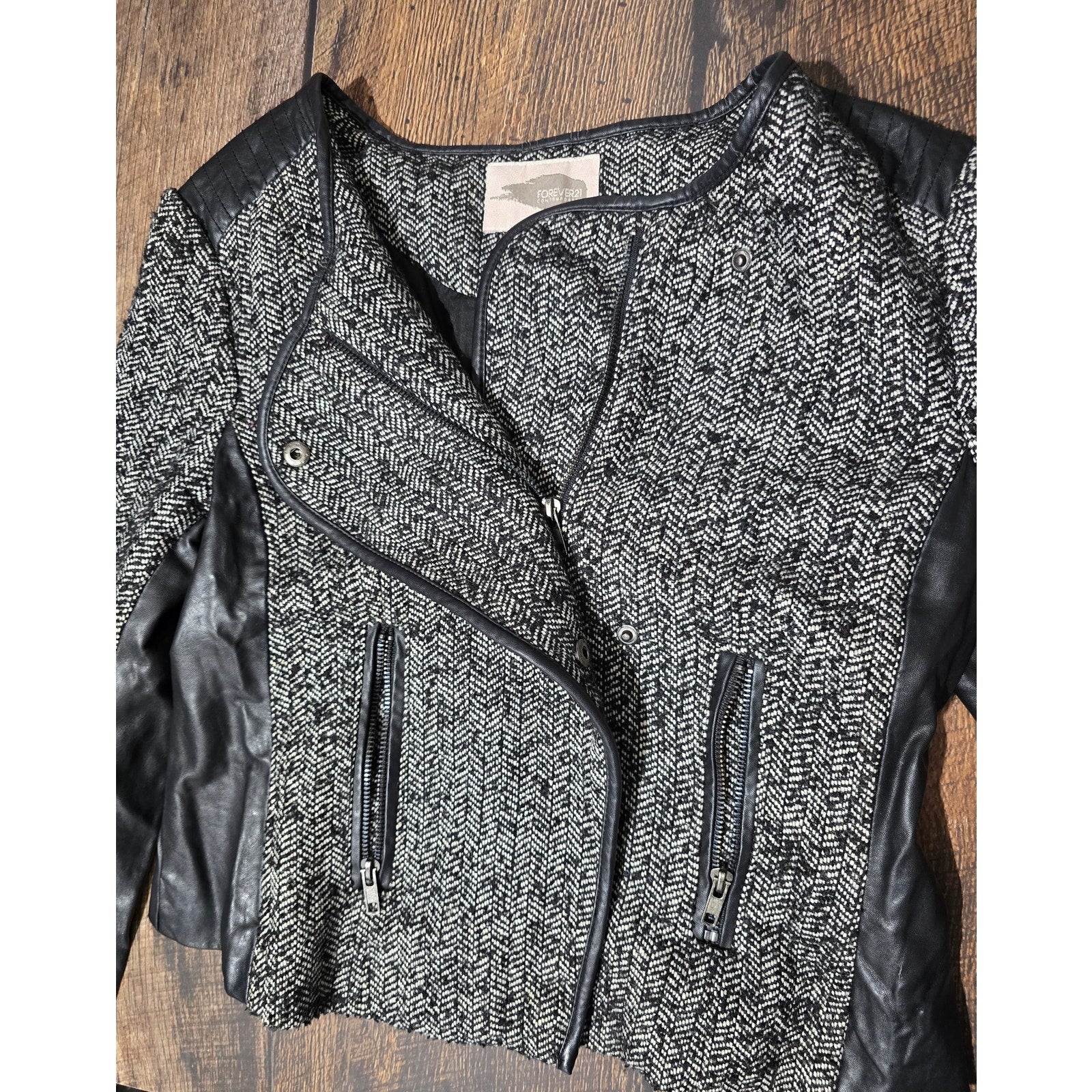 Forever 21 Contemporary women's Herringbone Faux Leather Trim Moto Jacket