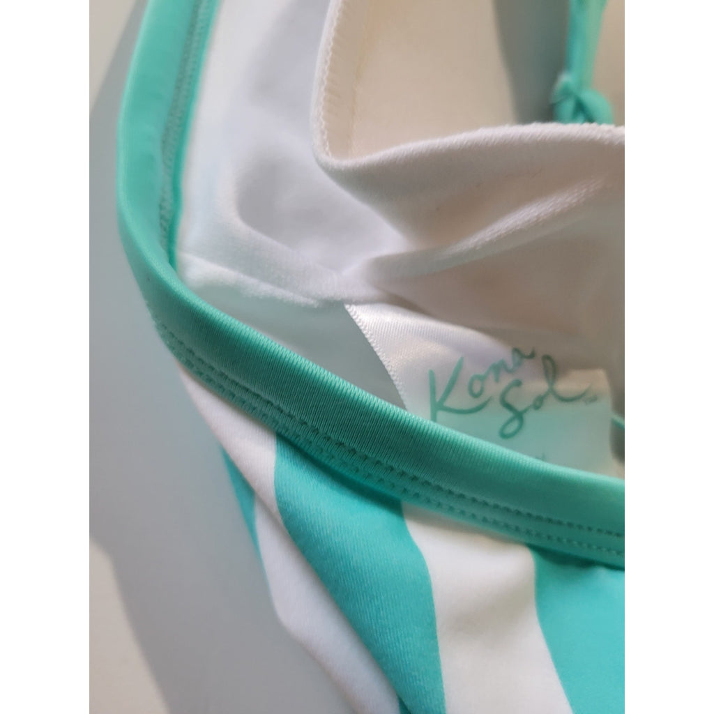 Kona Sol Women’s Teal & White Striped V-Neck One-Piece Swimsuit New