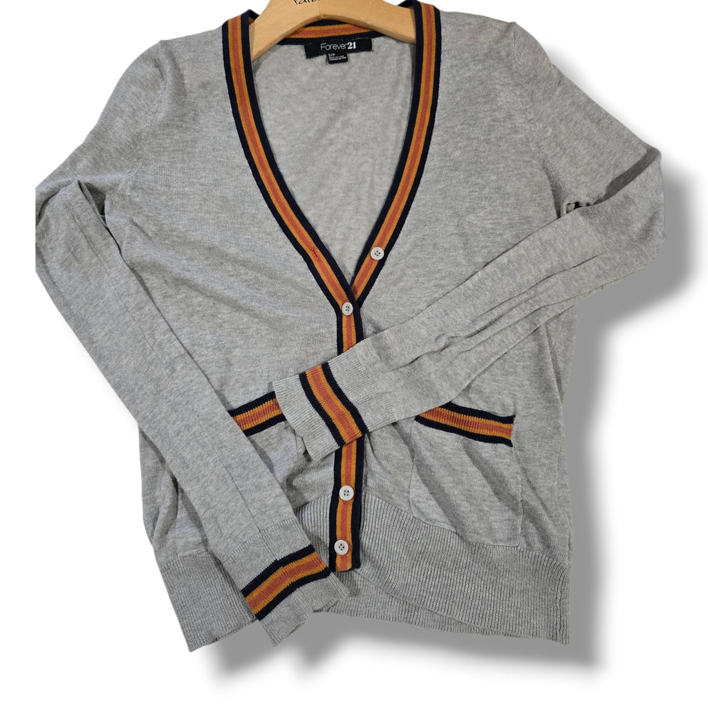 Forever 21 women’s Gray Button Front Cardigan Sweater with Striped Trim – Small