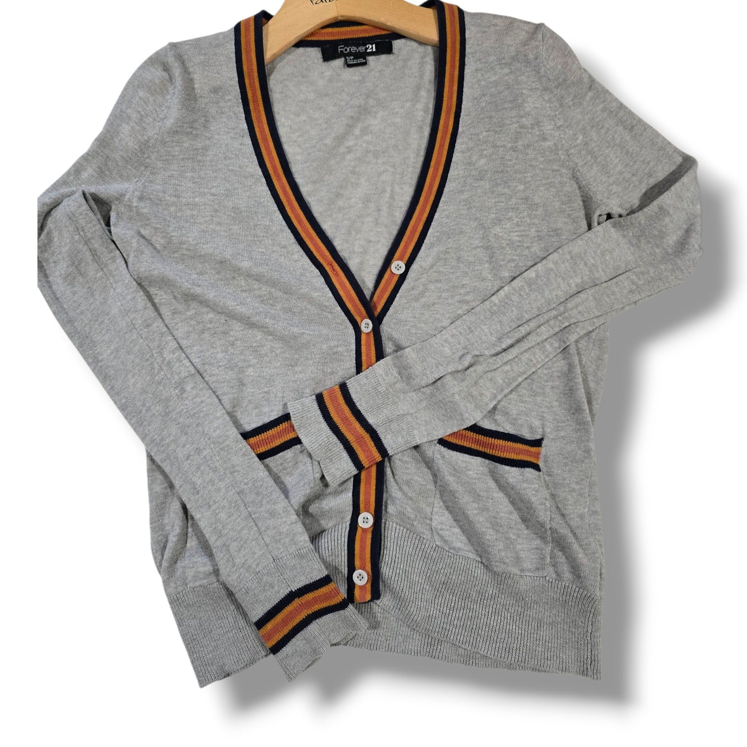 Forever 21 women’s Gray Button Front Cardigan Sweater with Striped Trim – Small
