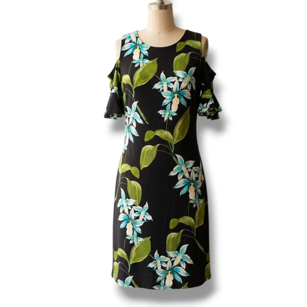 Tommy Hilfiger Black Floral Cold Shoulder Ruffle Sleeve Sheath Dress Size 6