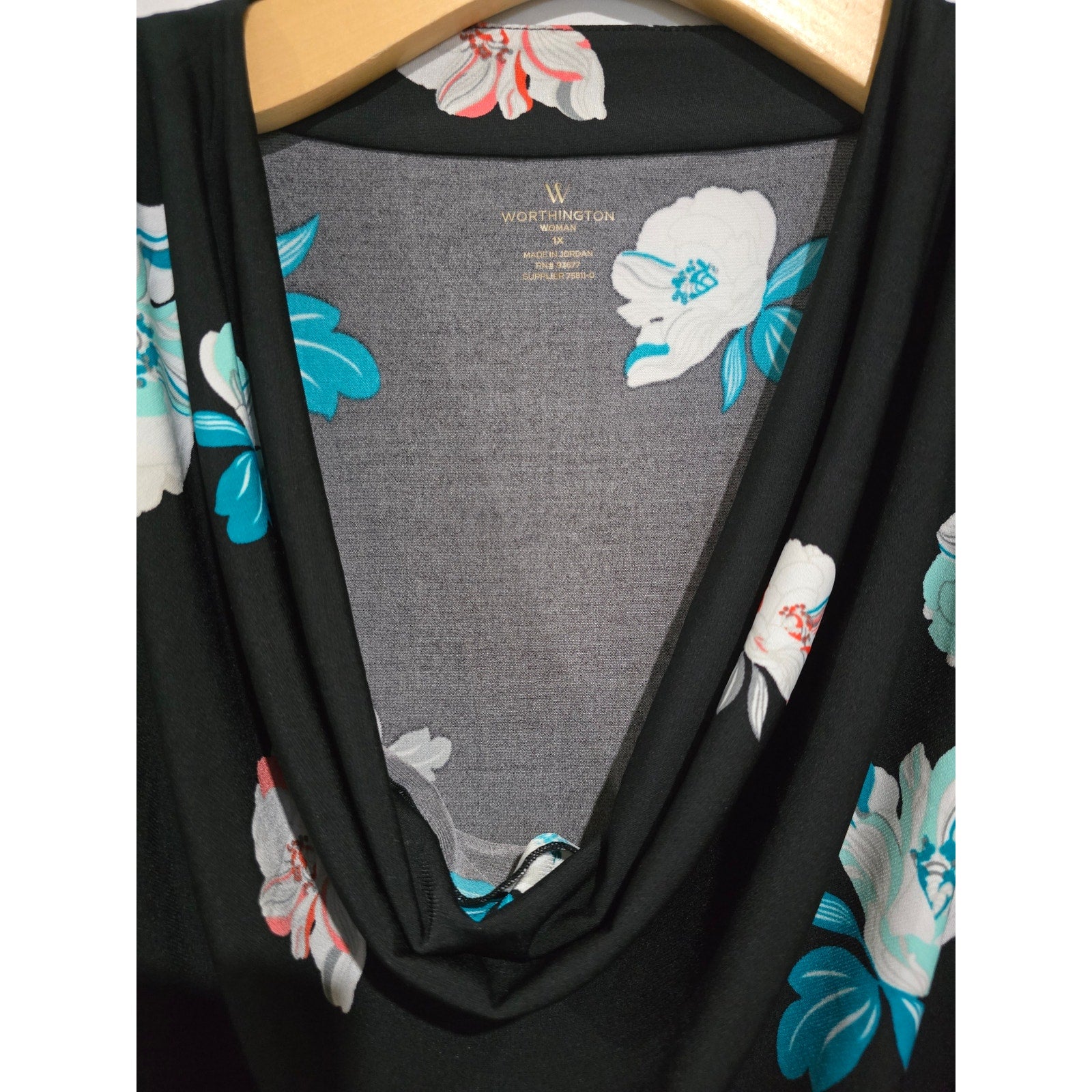 Worthington Woman plus size Black Floral Cowl Neck Cap Sleeve Blouse - 1x