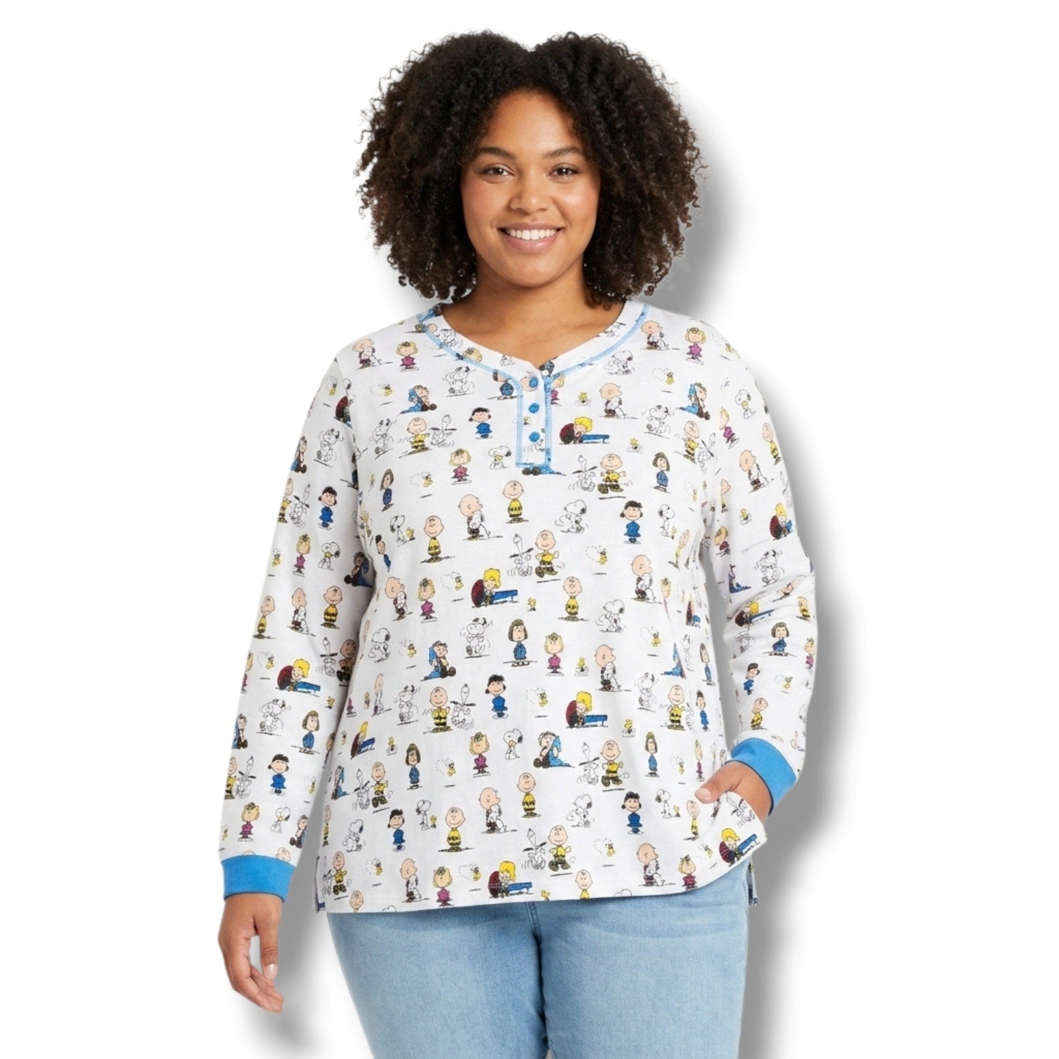 Peanuts by Schulz women's Plus Size White Character Print Henley PJ Sleep Shirt