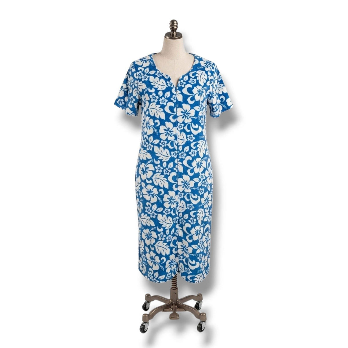 Secret Treasures Blue White Tropical Hibiscus Terry Zip Up House Dress Robe M