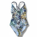 HURLEY women's Tropical Palm Leaf One Piece Swimsuit XS Blue Green Cross Back