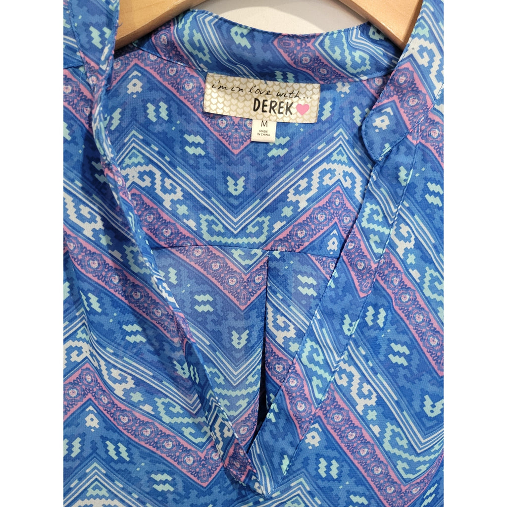 Derek Heart Women’s Medium Blue Chevron V-Neck Semi Sheer Long Sleeve Blouse