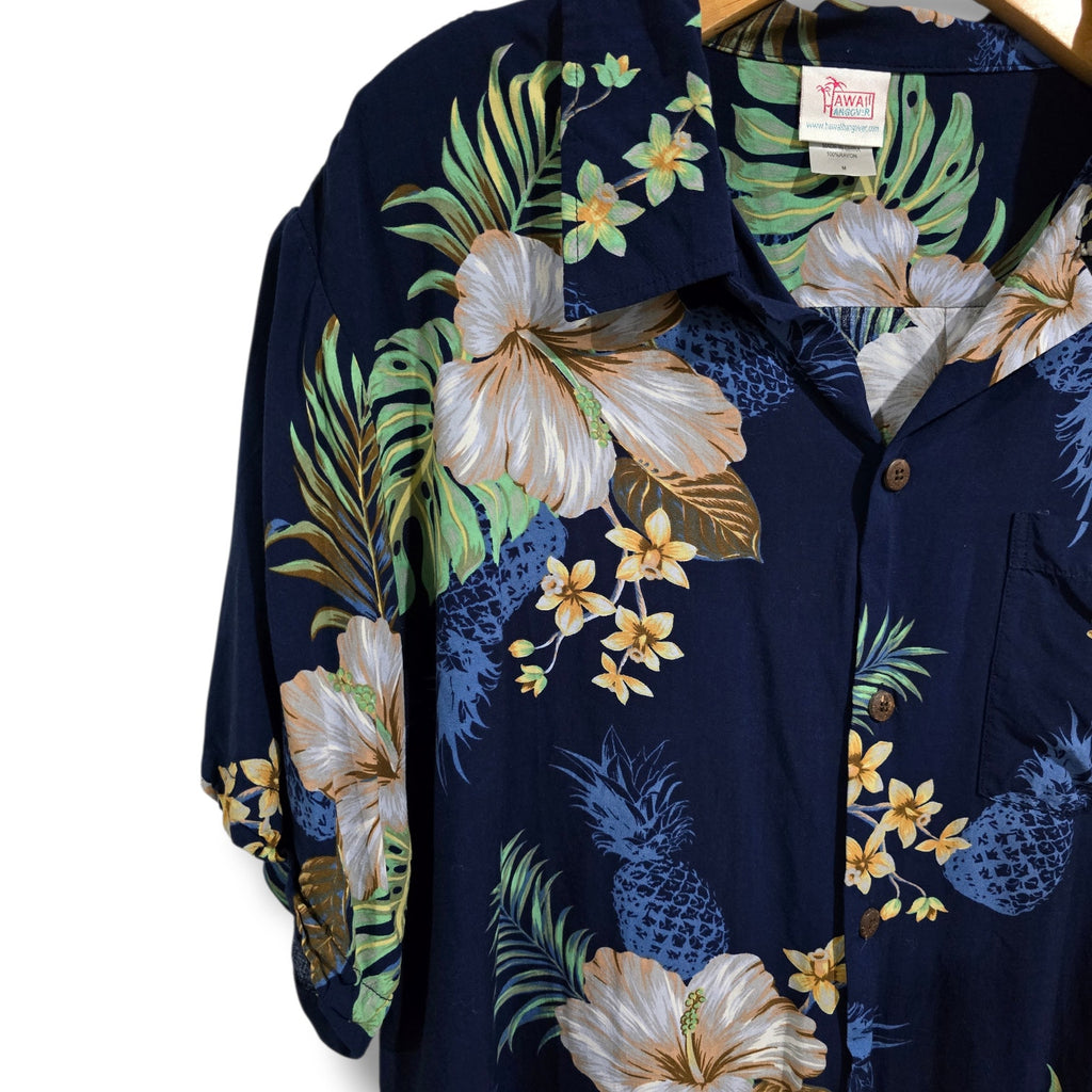 Hawaii Hangover Men’s Navy Tropical Floral Hawaiian Shirt Rayon Medium