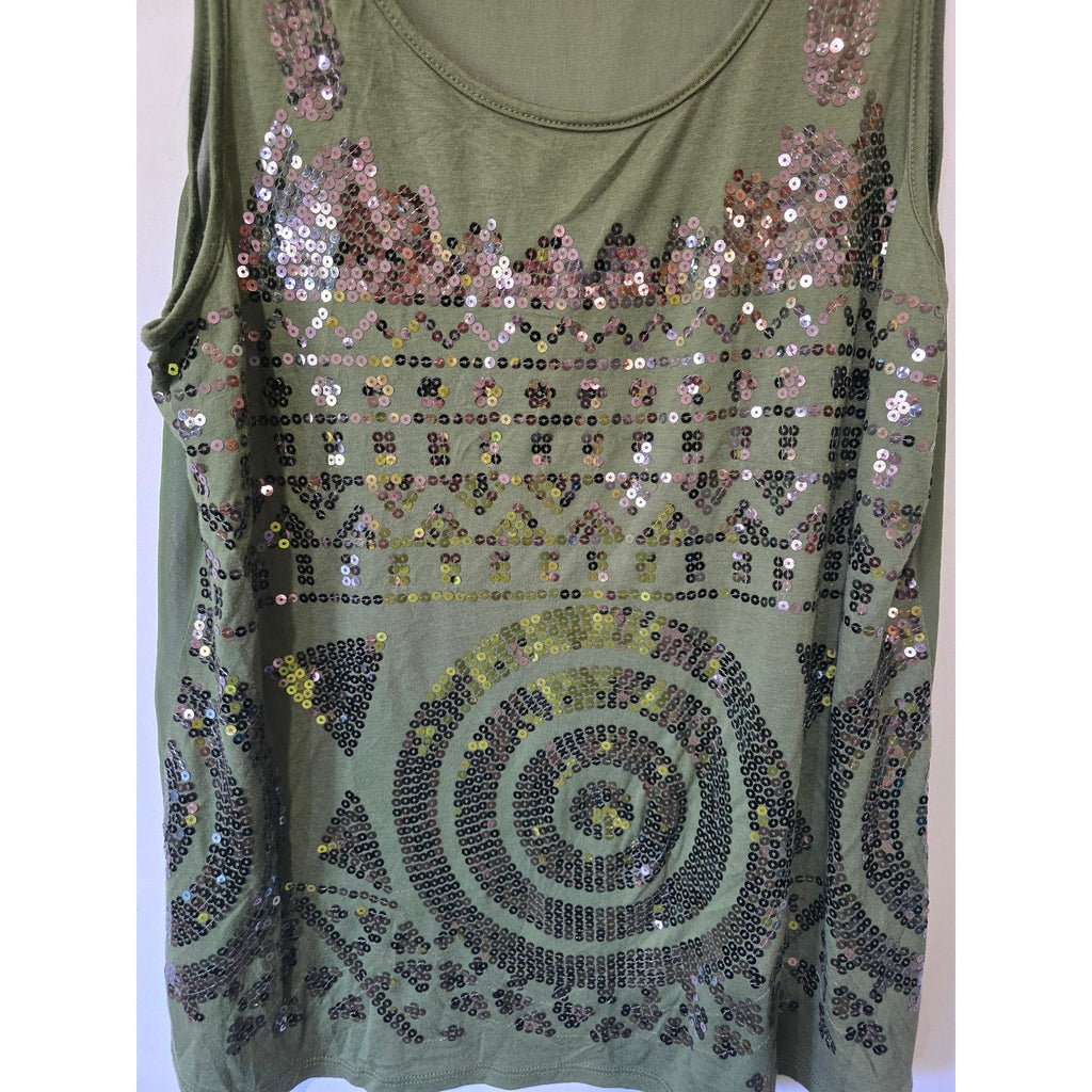 Charming Charlie Women's Olive Green Sequin Geometric Tank Top L Chiffon Back