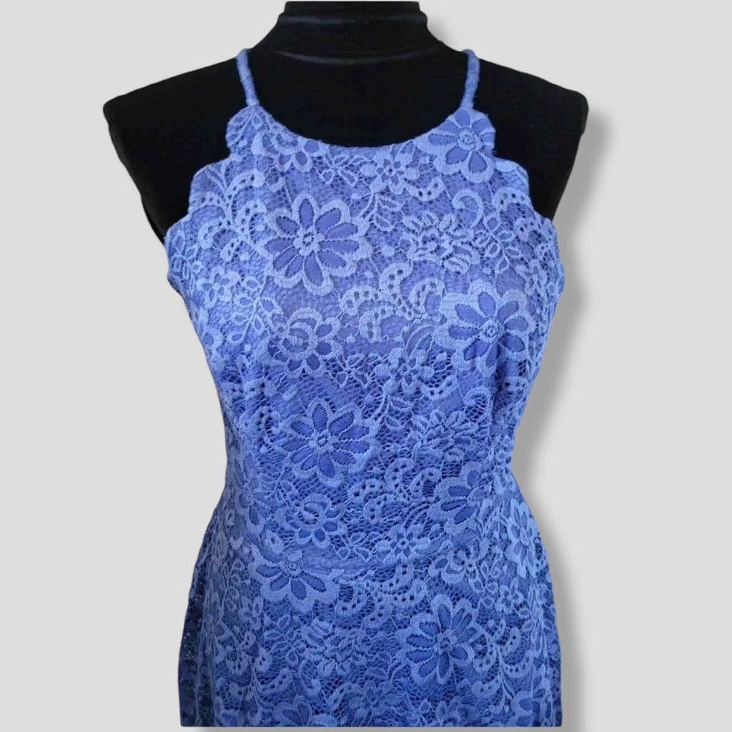 BCX Blue Lace Halter Dress Juniors Size 11 Scallop A-Line Cocktail Party Dress