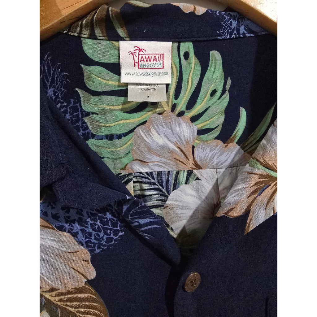 Hawaii Hangover Men’s Navy Tropical Floral Hawaiian Shirt Rayon Medium