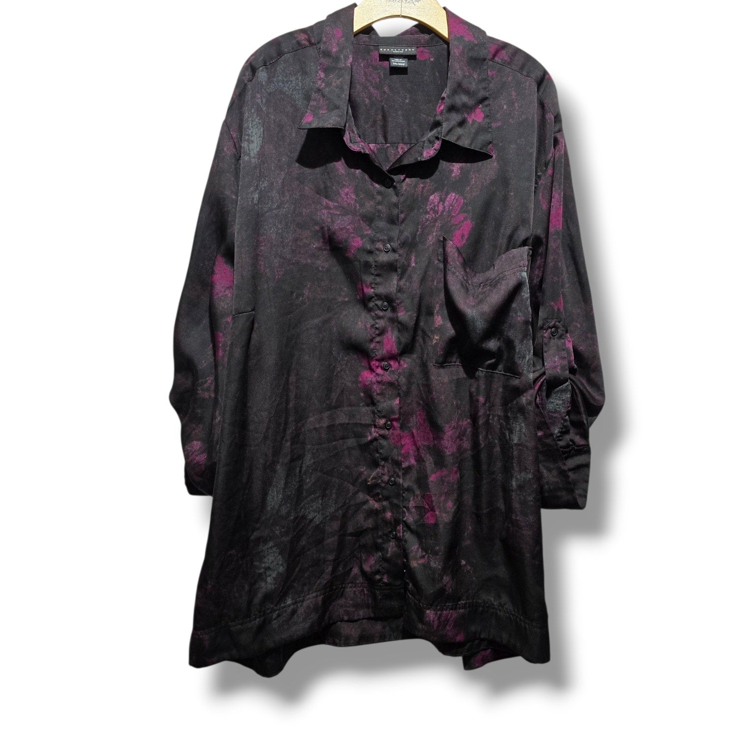 Apostrophe women’s plus size Woman Black & Purple Watercolor Button-Down Blouse 24w/26w