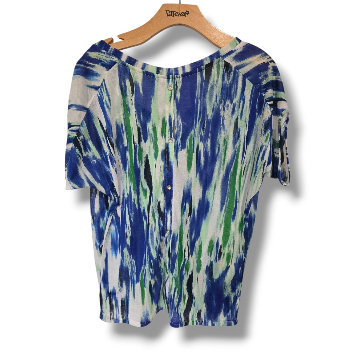 Express Blue & Green Ikat Print Button-Back V-Neck Blouse – Small NWT