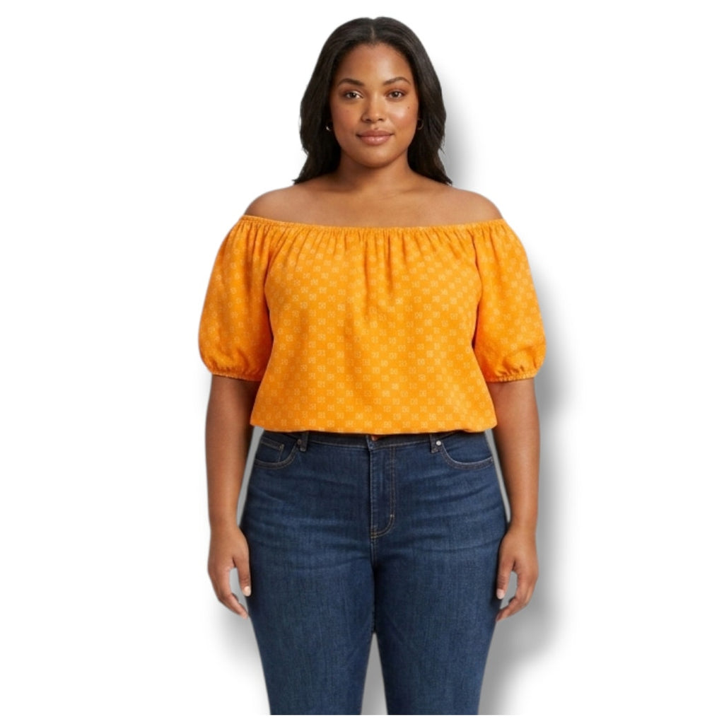 Ava & Viv Plus Size Orange Puff Sleeve Blouse Women’s 14W Linen Rayon NWOT